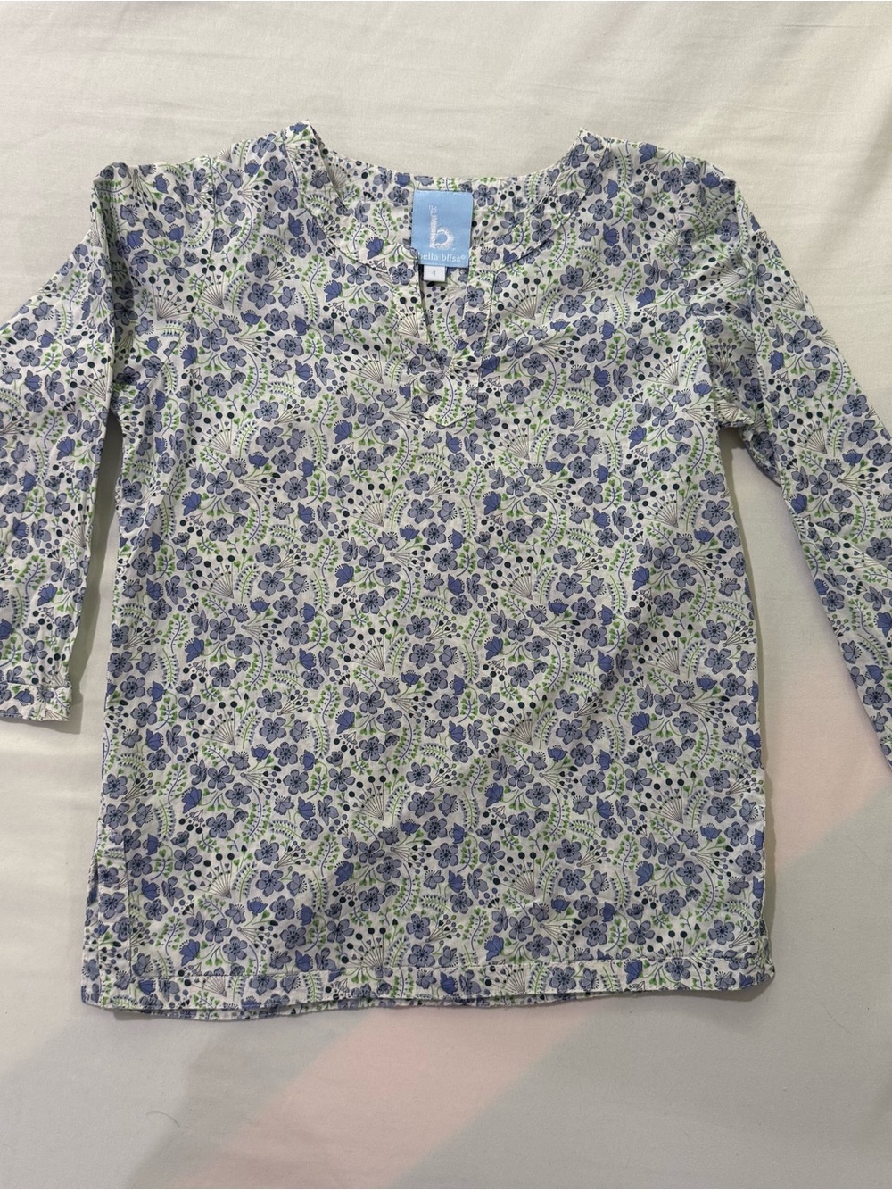Bella Bliss Blue Floral Lightweight Tunic Top Girls Size 4 Classic Preppy